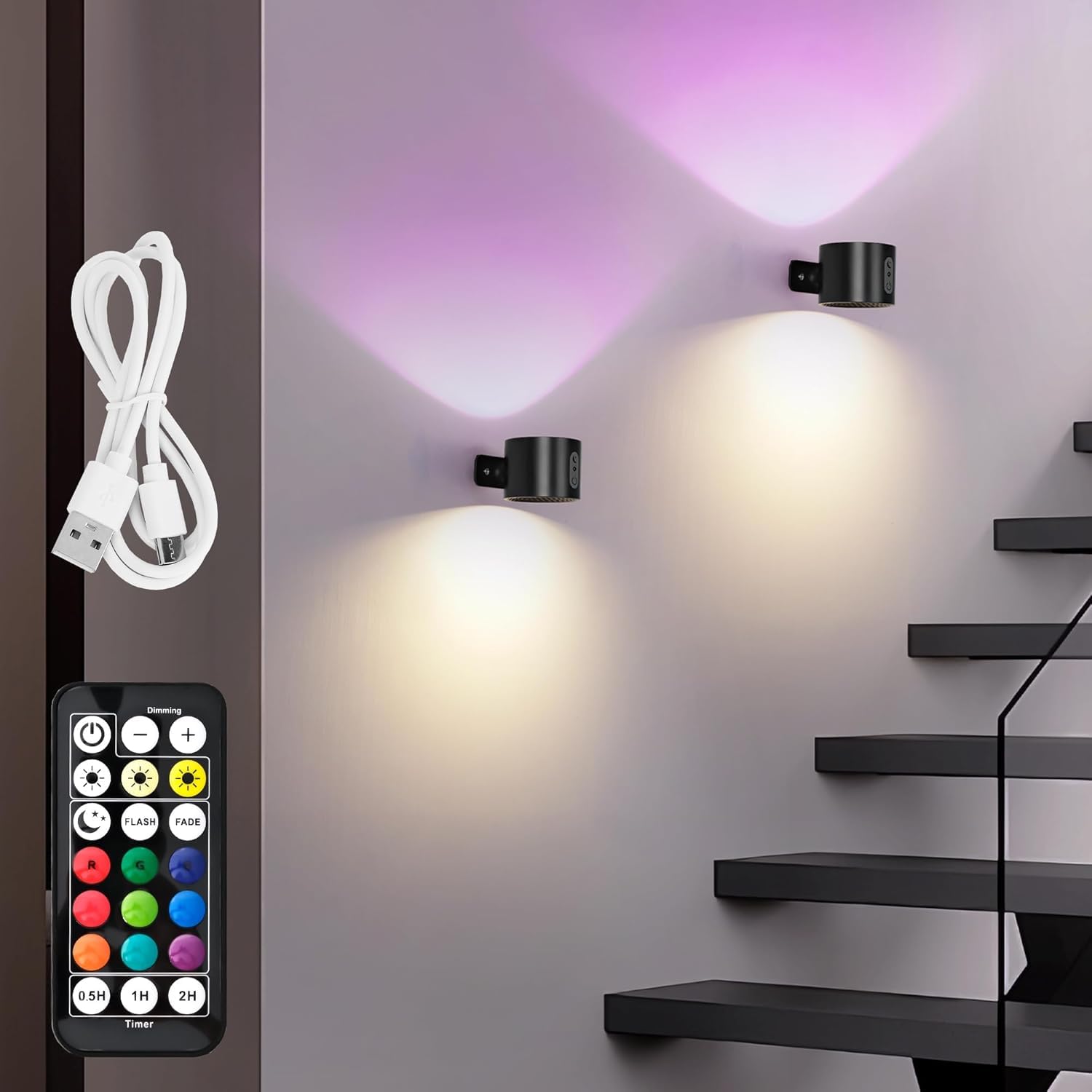 LuminexDesigns 2-Pack Rechargeable LED Wall Light, Wireless No-Drill RGB Lamp Black, Stick-On Indoor Cordless Sconce with Touch Dimming & Remote Control Timing for Bedside Bedroom Picture AURI WL01