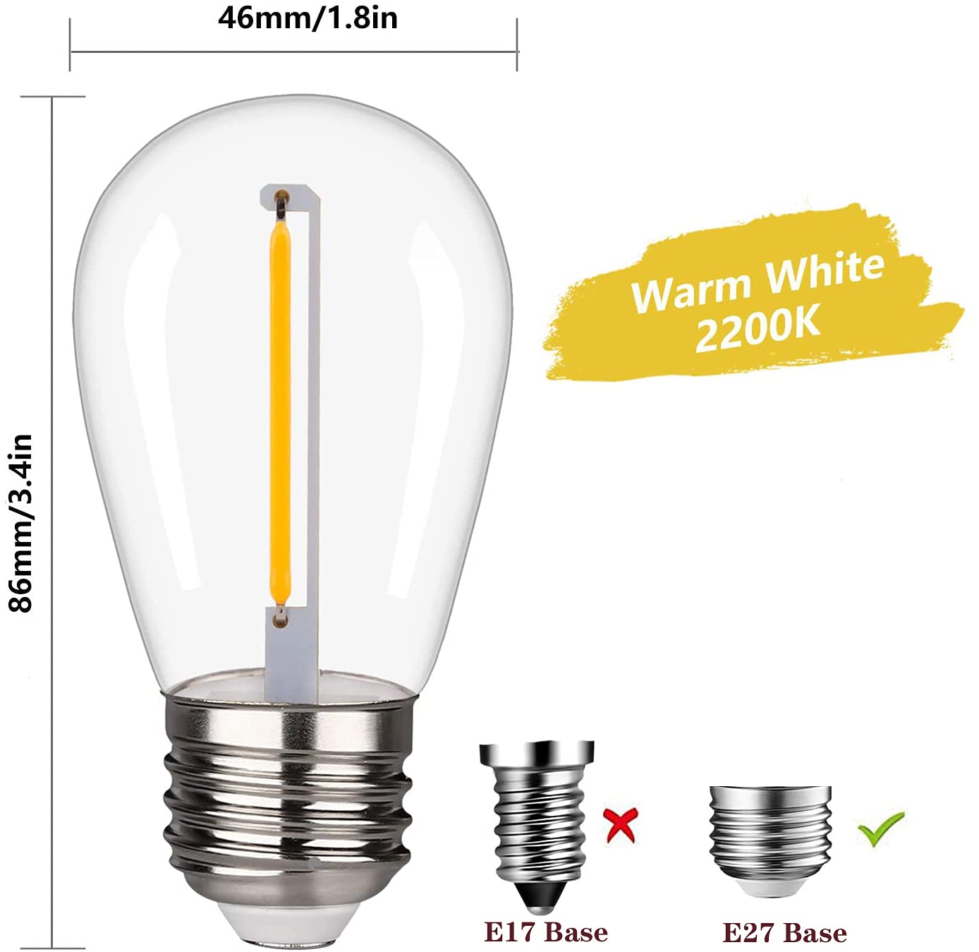 Bombillas led Paquete de 15 Bombillas Repuesto S14 Resistentes al Agua, inastillables, 1 W, Equivalente a 10, luz Blanca cálida, 2200 K, Base Edison E27