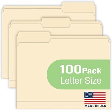 Woodlake Manila File Folders 8.5 x 11 Letter Size, 220gsm Paper Filing Folders with 1/3 Cut Tabs, 100 Pack Manila Folders for Office, School, Home, Business & Document Organization, Made in USA