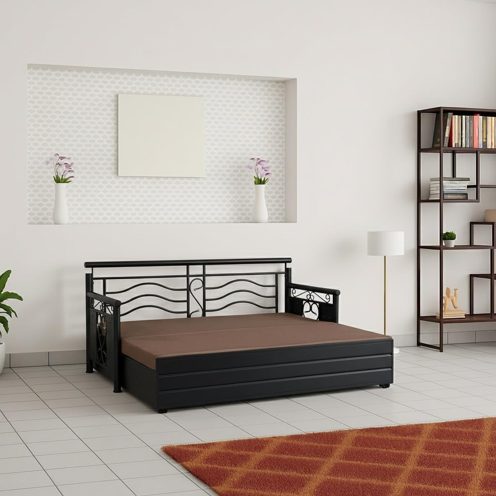 3 Seater Metal Sofa Cum Bed with Hydraulic Storage | Single Size Sofa Cuma Bed | 3 Seater Sofa Set, Metal Sofa Set for Living Room (Matte Black Finish with Brown Cushion)