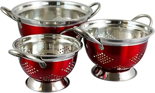 Miniatura 5 de Juego de 3 coladores redondos  Colador asiático de acero inoxidable con base ancha, tamices de cocina anidables para lavar verduras, escurrir pasta,