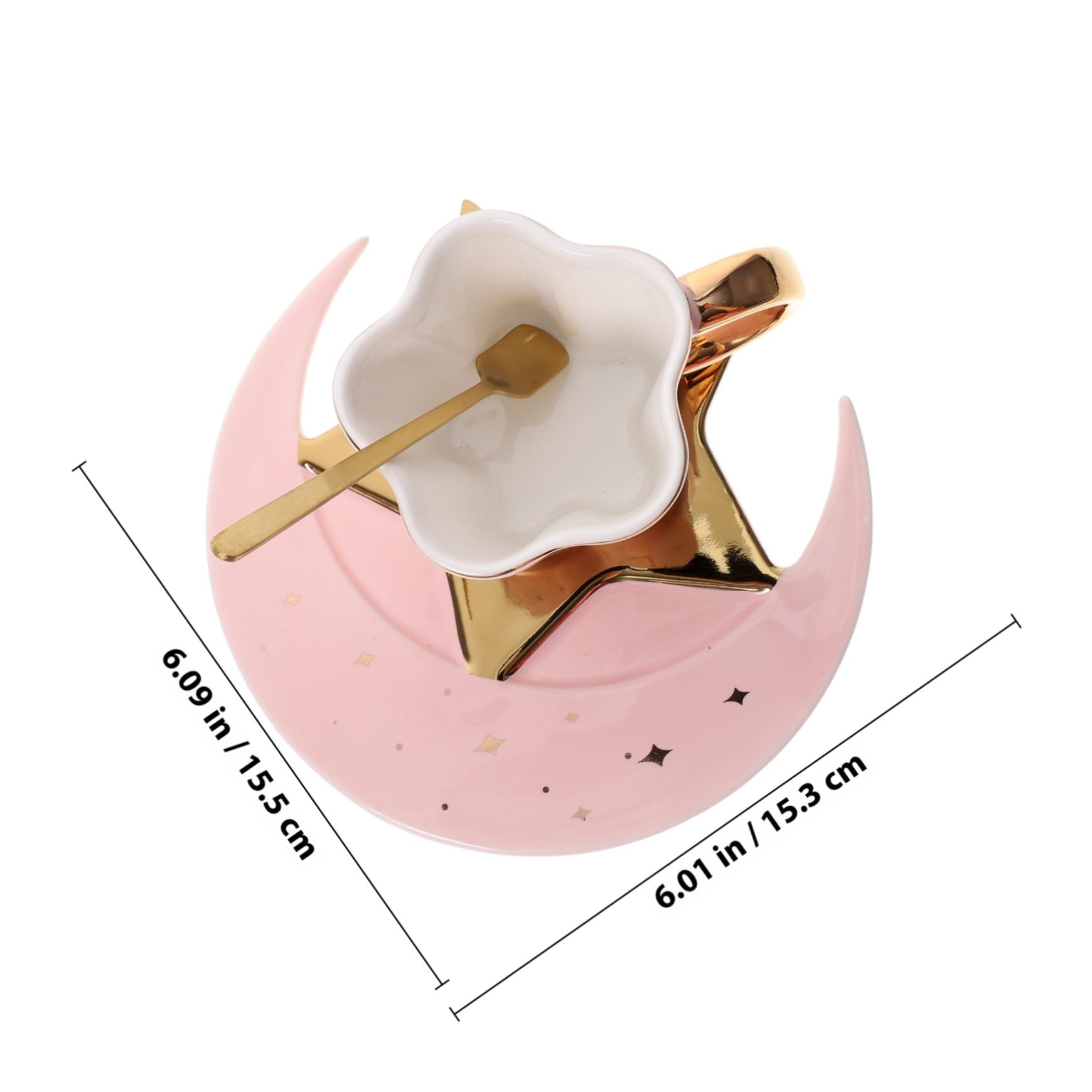 Tazza da Caffè in Ceramica 120ml con Cucchiaio e Piattino | Tazzine da Caffe Particolari, Set 1 Pezzo, Piattino a Forma di Luna e Stella, Colore Rosa