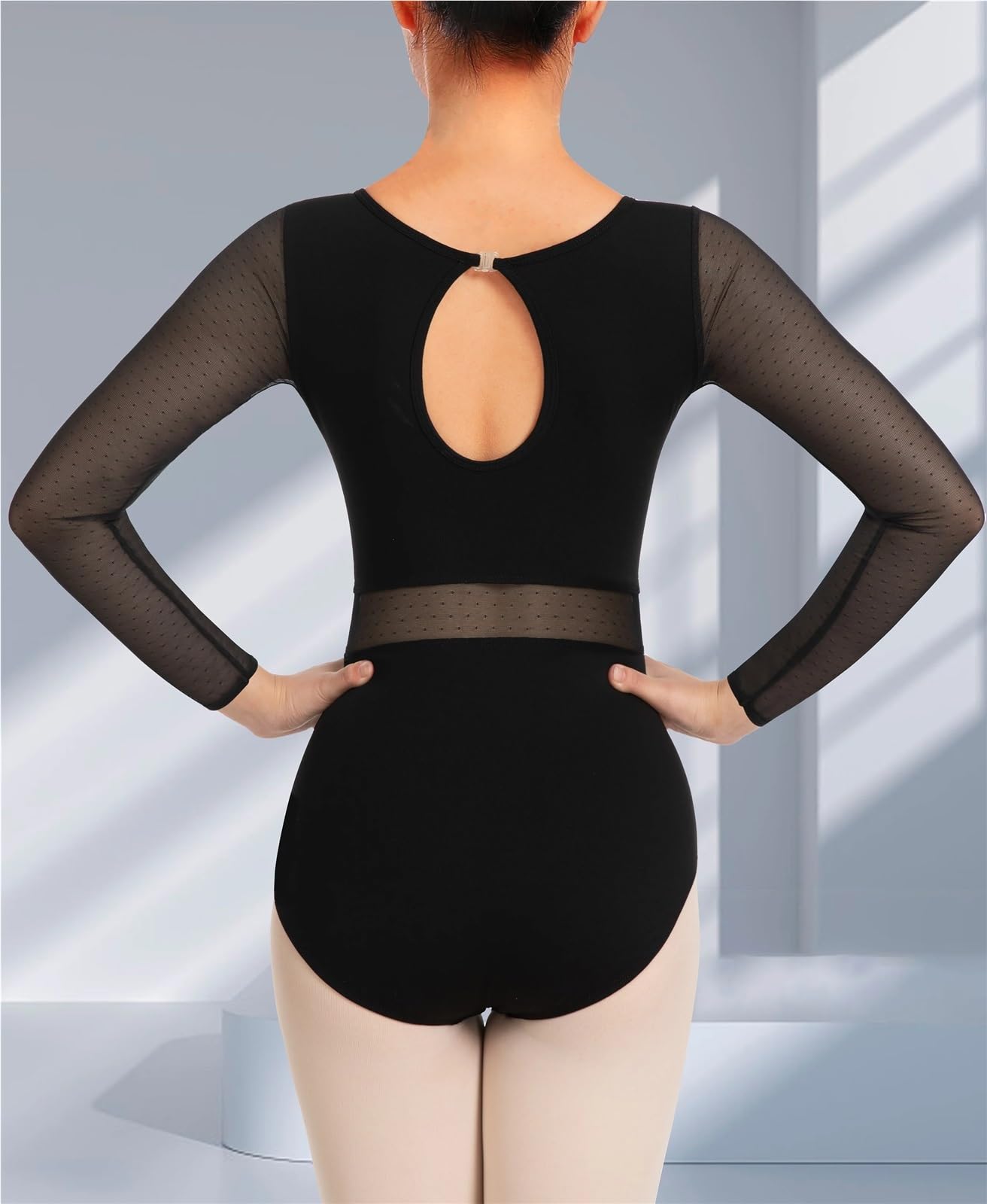 Maillot Ballet Mujer Maillot de baile for mujer for ballet con espalda hueca, manga larga, escote malla y forro en el pecho