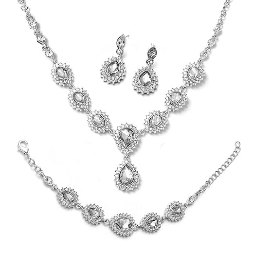 Shop LC Wedding Costume Jewelry Set for Women Bridesmaid Teardrop Necklace Bracelet Earrings White Crystal Bridal Gifts Size 20" & 7.5'' Birthday Gifts Christmas Gifts for Women