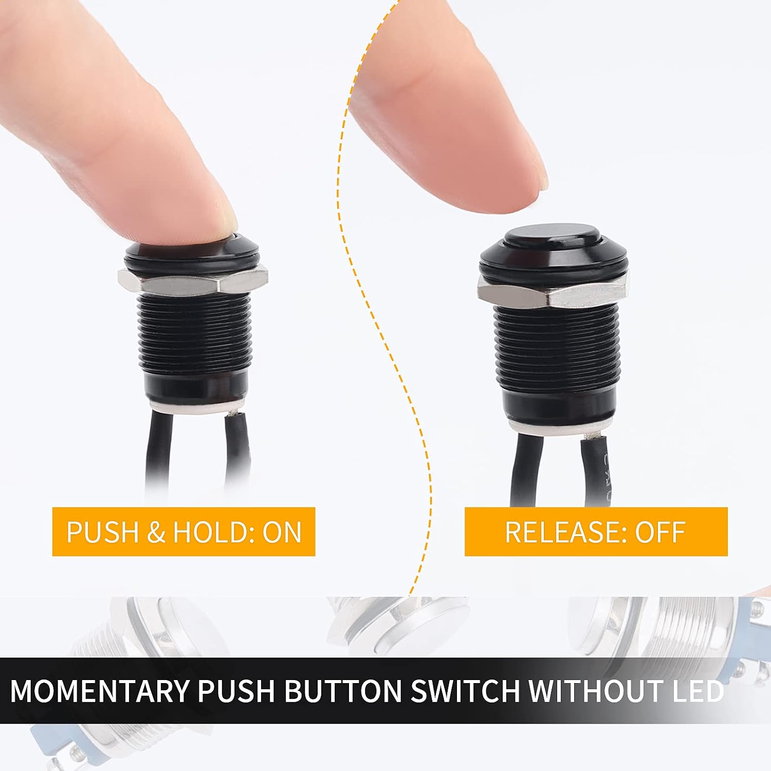 Starelo 5pcs 12mm Momentary Push Button Switch Black Shell with pre-Wiring, IP65 Waterproof Push Button Switch,Stainless Steel 1 Normally Open Without LED.