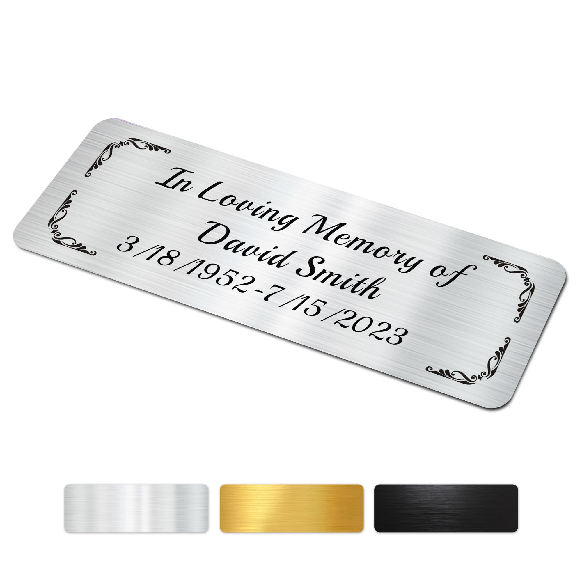 Engraved Name Plates, 1" x 3" Personalized Name Plate, Trophy Plates Engraved, Brass Plaque, Custom Name Plate for Urn, Brass Name Plates with Adhesive Backing(Round Corner-Silver, 3x1 in)
