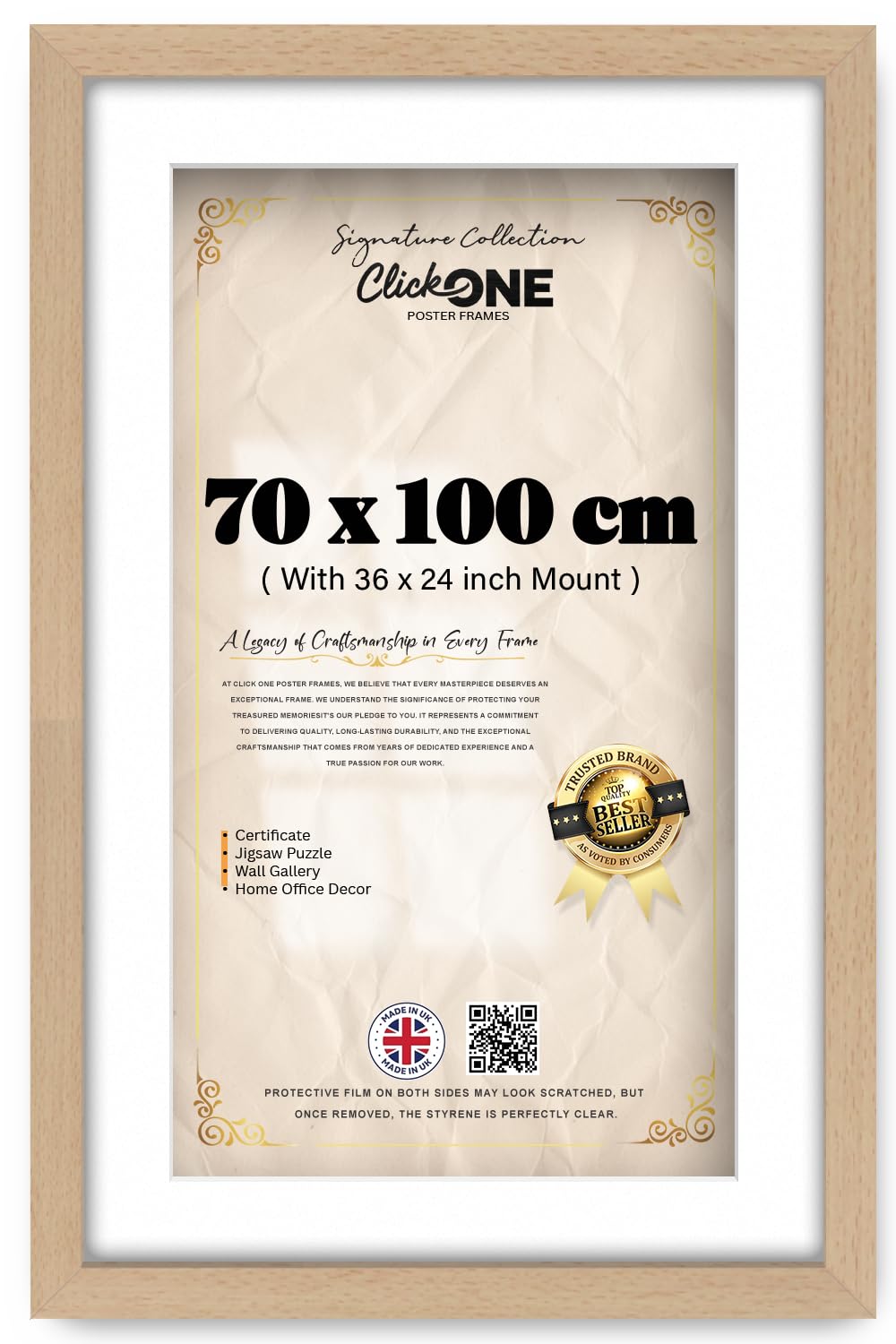 Click One Beech Classic Mdf Picture Frame For 70 X 100 Cm Posters With 91.44 X 60.96 Cm White Mount And Styrene Front For Safe Wall Hanging In Portrait Or Landscape Finish 40 X 28 Inch