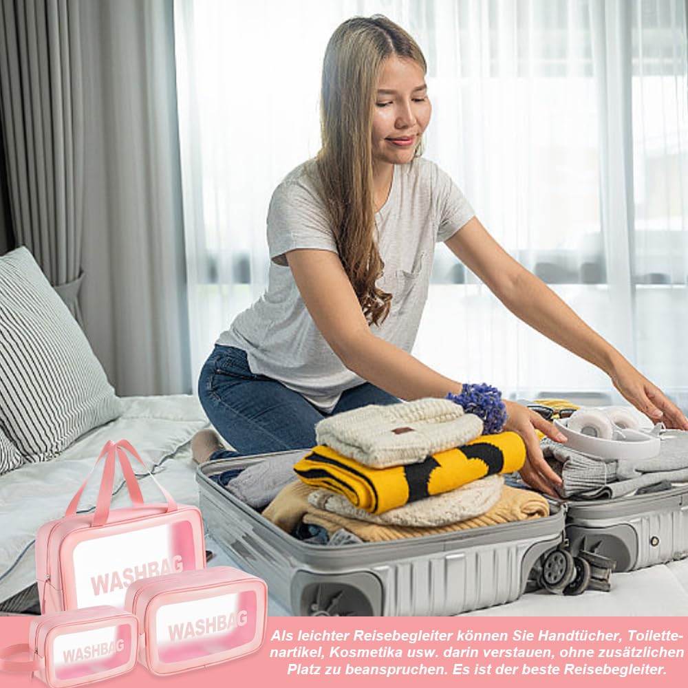 Beauty case trasparente, 3 pezzi, con maniglia per il trasporto