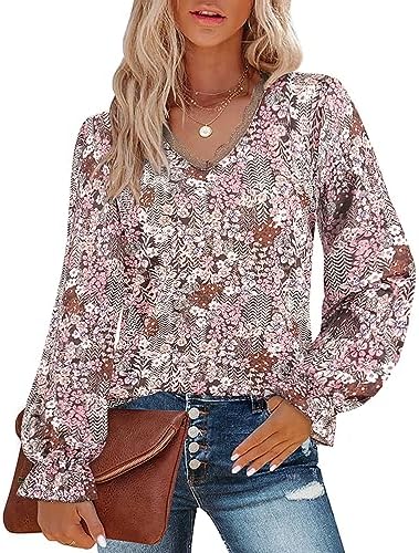 Misyula Womens Lace V Neck Puff Long Sleeve Eyelet Tops Dressy Business Casual Work Shirts Blouse S-XL