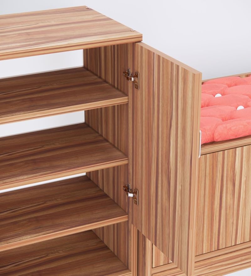 Image of SPECIALITY PANELS Wooden Shoe Rack with Cushioned Seating Bench, Walnut Finish, 2-Piece Set with Storage Cabinets, DIY Assembly