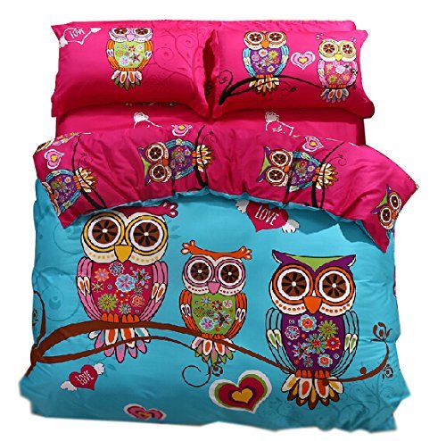 Cliab Owl Bedding Girl Duvet Cover Set Twin Size 3 Pieces 100% Cotton