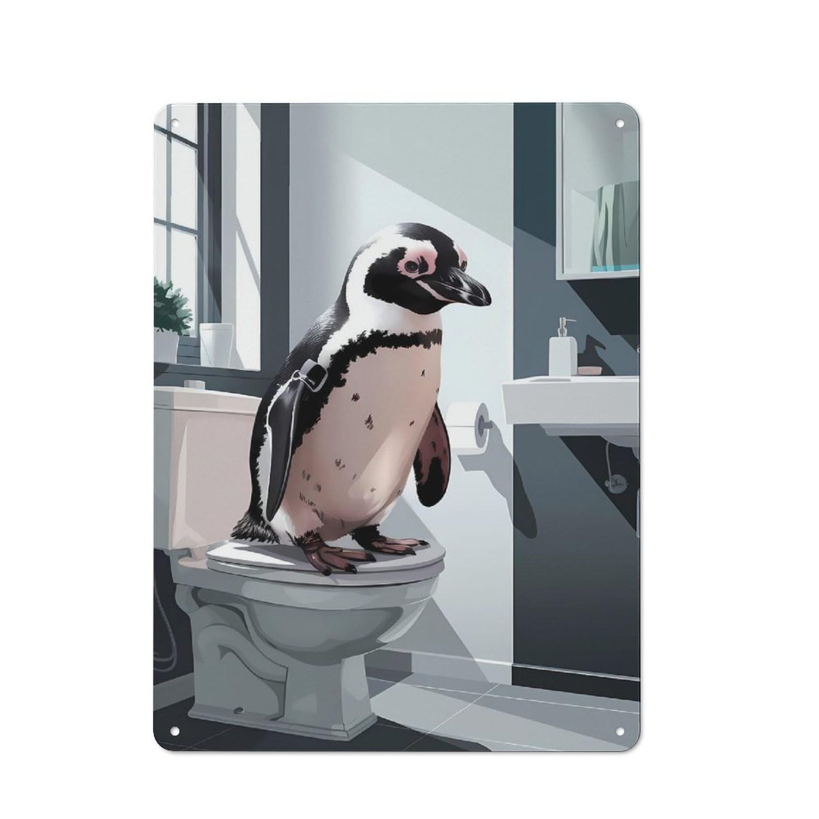 Junmoney Style-8 Penguin On Toilet Bathroom Art Vintage Metal Wall Decor 40X30cm, Tin Wall Sign For Restaurant, Kitchen, Counter Or Breakfast Nook