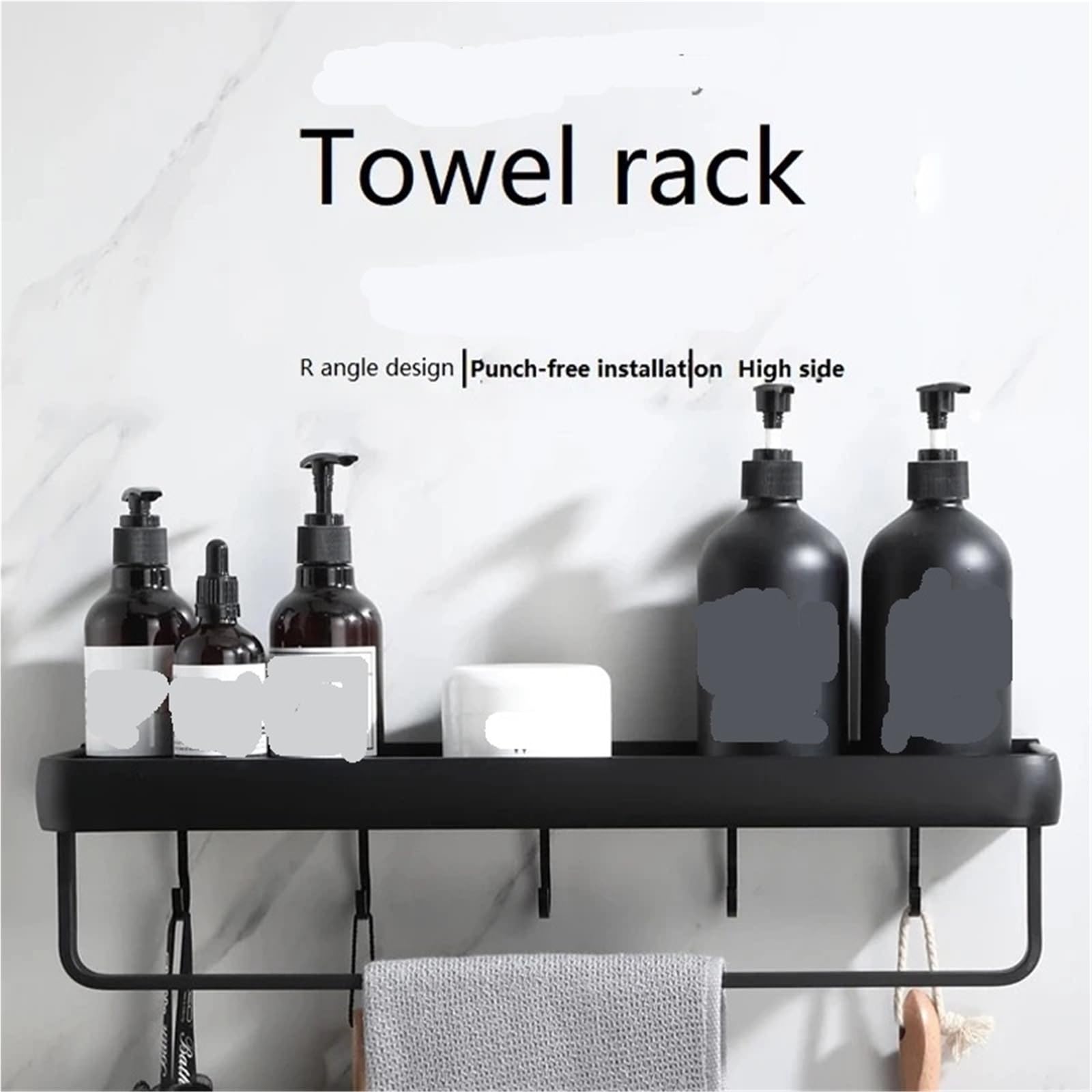 Estanteria ducha Estante de baño sin taladro, organizador, estante almacenamiento, estantes esquina negros, soporte champú for inodoro aluminio montado en la pared para Hogar(50cm towel rail hook)
