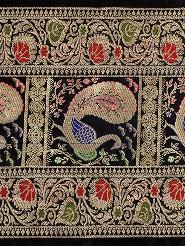 Image of Banarasi Brocade Zari Silk Table Runner Dinning & Centre Table Runner 177 By 30 CM (Black, Peacock)