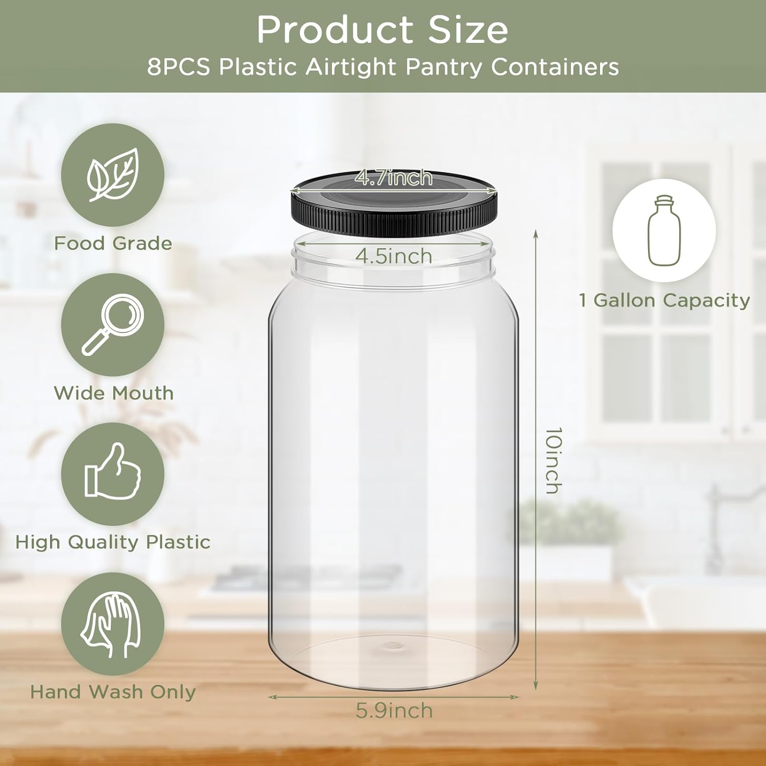 dandat 8 pcs 1 gallon clear plastic jars airtight pantry large mouth jars plastic jug cylinder containers with lids for candy butter honey sugar cookies arts crafts bartender kitchen (black lids)
