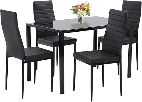 PayLessHere Juego de mesa de comedor de 5 piezas de cocina con 4 sillas de cuero sintético con marco de metal, rectangular, moderno para espacios