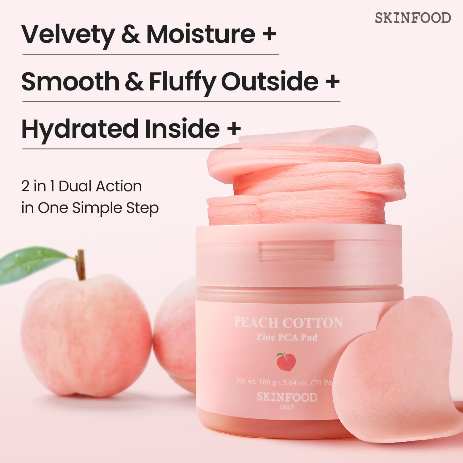 SKINFOOD Peach Cotton Zinc PCA Toner Pads, Korean Skincare for Dual Functional Hydrating,Soothing & Matte, Velvety Finish, Stocking Stuffers, Sebum Control for Sensitive, Oily, 5.64 oz (70 Pads) - Image 2