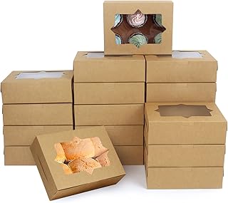 KINREE 20pcs 8x6x2.5 Inches Brown Pastry Boxes with Window Bakery Box for Pastries, Cookies, Pie, Cupcakes(02)
