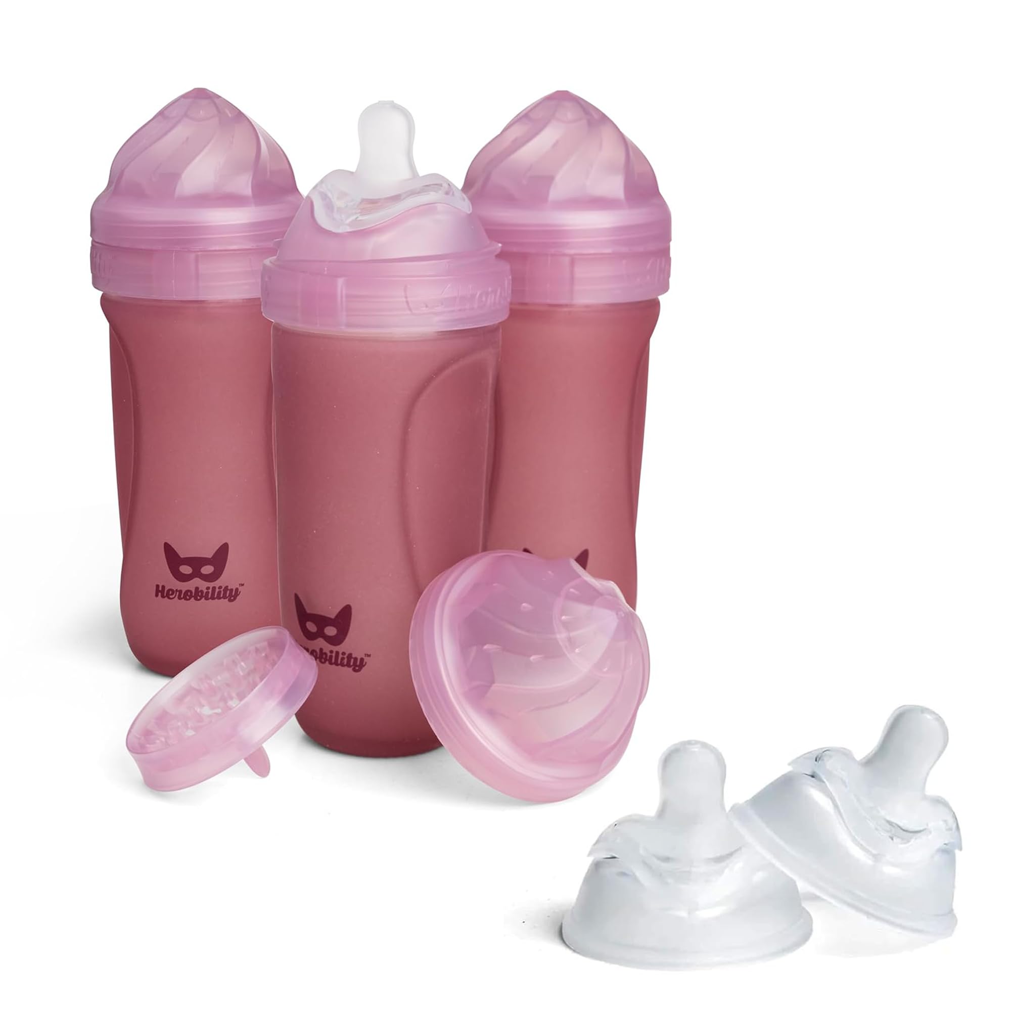 Herobility Glass Baby Bottles 11 fl oz/320 ml 3 Pack + Large Double Anti-Colic Silicone Nipples | Breast-Like Heat Sensing Color-Changing Bottles – Rose