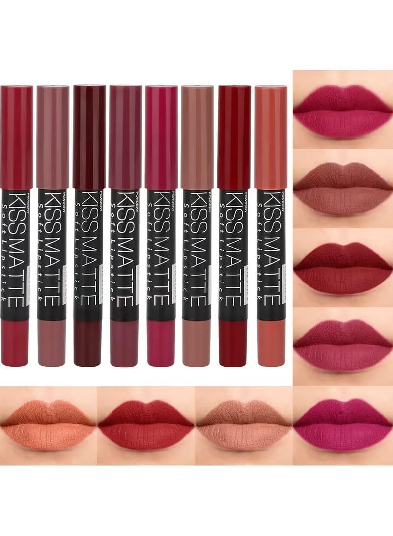 8Pcs Dark Ruby Red Plum Purple Wine Nude Beige Brown Matte Lipstick and Lip Crayon Liner Pencil Pen Set for Women mate magicos 24 horas originales pintalabios permanent