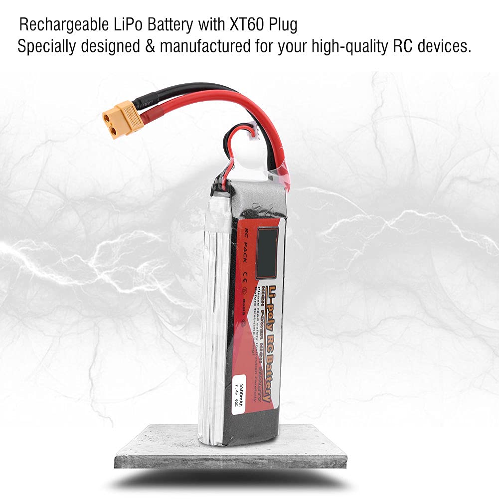 Batteria LiPo 2s di Alta qualità Batteria LiPo RC da 5000mAh 7,4V con Spina XT60 Ottime Prestazioni per Aereo RC Materiale/colore Variabile (7,4 V 5500 mAh 60C XT60)