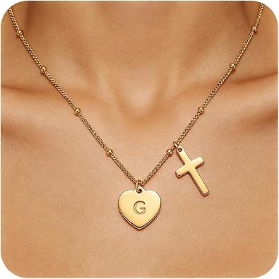 UGY 18K Gold Plated Cross Initial Necklace for Women Pendant Necklace | A-Z Cross & Letter Personalized Monogram Letter Christian Jewelry Communion Easter Gift