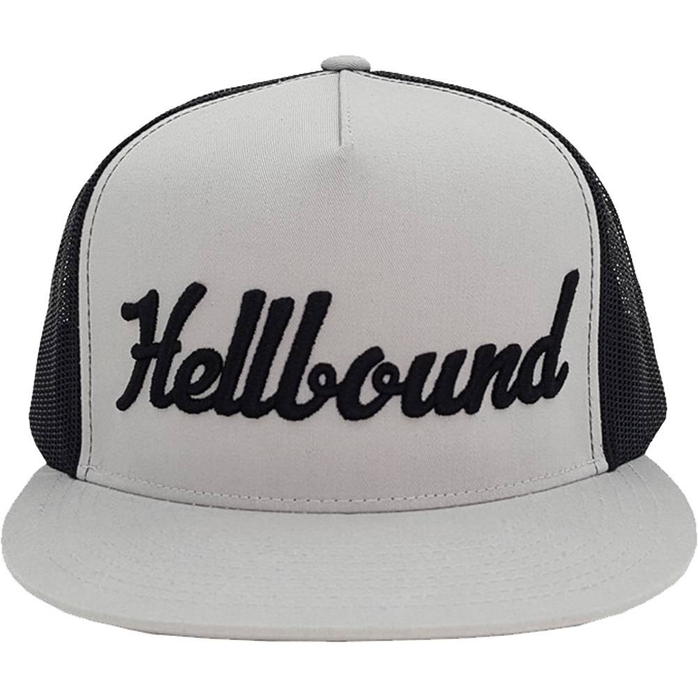RED DEVIL CLOTHINGHellbound Trucker Cap for Men – Flat Bill 5-Panel Mesh Hat – 3D Raised Hellbound Front Embroidery – Adjustable Snapback – One Size Fits Most – Bold Baseball Cap (Grey)