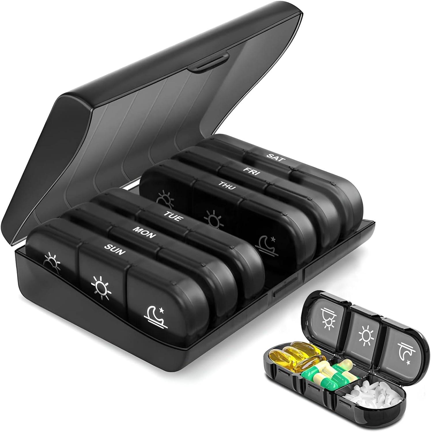 KOWVOWZ Portable Weekly Pill Box, 7 Days 3 Compartments Morning, Noon and Evening Pill Box, Daily Portable Travel Pill Organiser with Easy Push Button Design for Vitamin, Fish Oil, Supplements