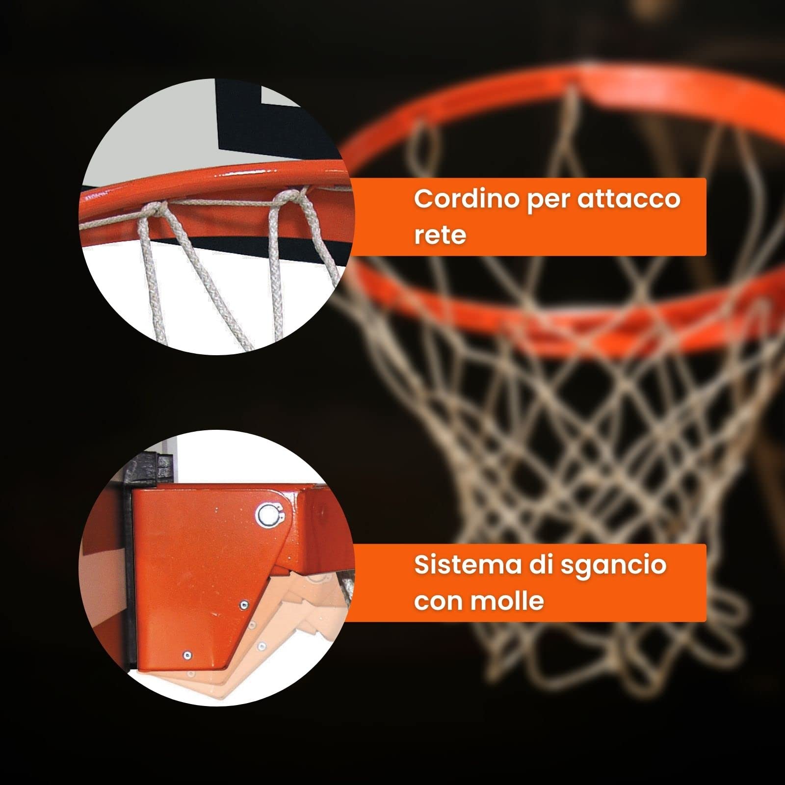 Wip Sport - Canestro da Basket Regolamentare Reclinabile con Anello in Tondo Pieno, Protezione Antifortunistica Brevettata, Sistema di Sgancio con Molle e Cordino per Attacco Rete, 45 cm di diametro