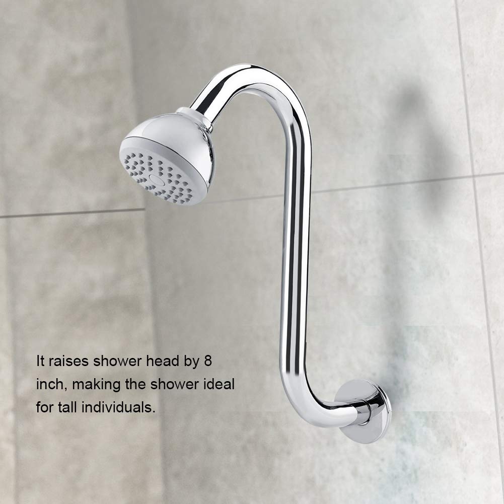 Oumefar Brazo de Ducha con Cuello de Cisne Curvado en S, Brazo de Ducha Duradero de 8 Pulgadas 201 de Acero Inoxidable para Cabezales de Ducha fijos, Accesorio de baño