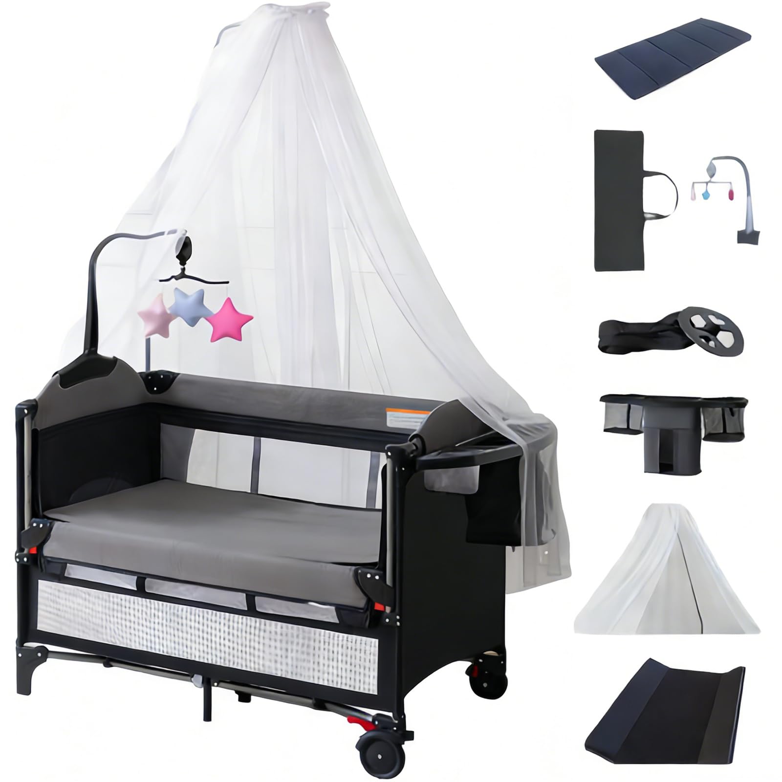 Magic ZC Next to Me Crib, Convertible Baby Bedside Crib, Multifunctional Foldable Baby Travel Cot, Comes with Luxurious Mosquito Net, Can be moved with wheels attached (6602 Grey with Net)