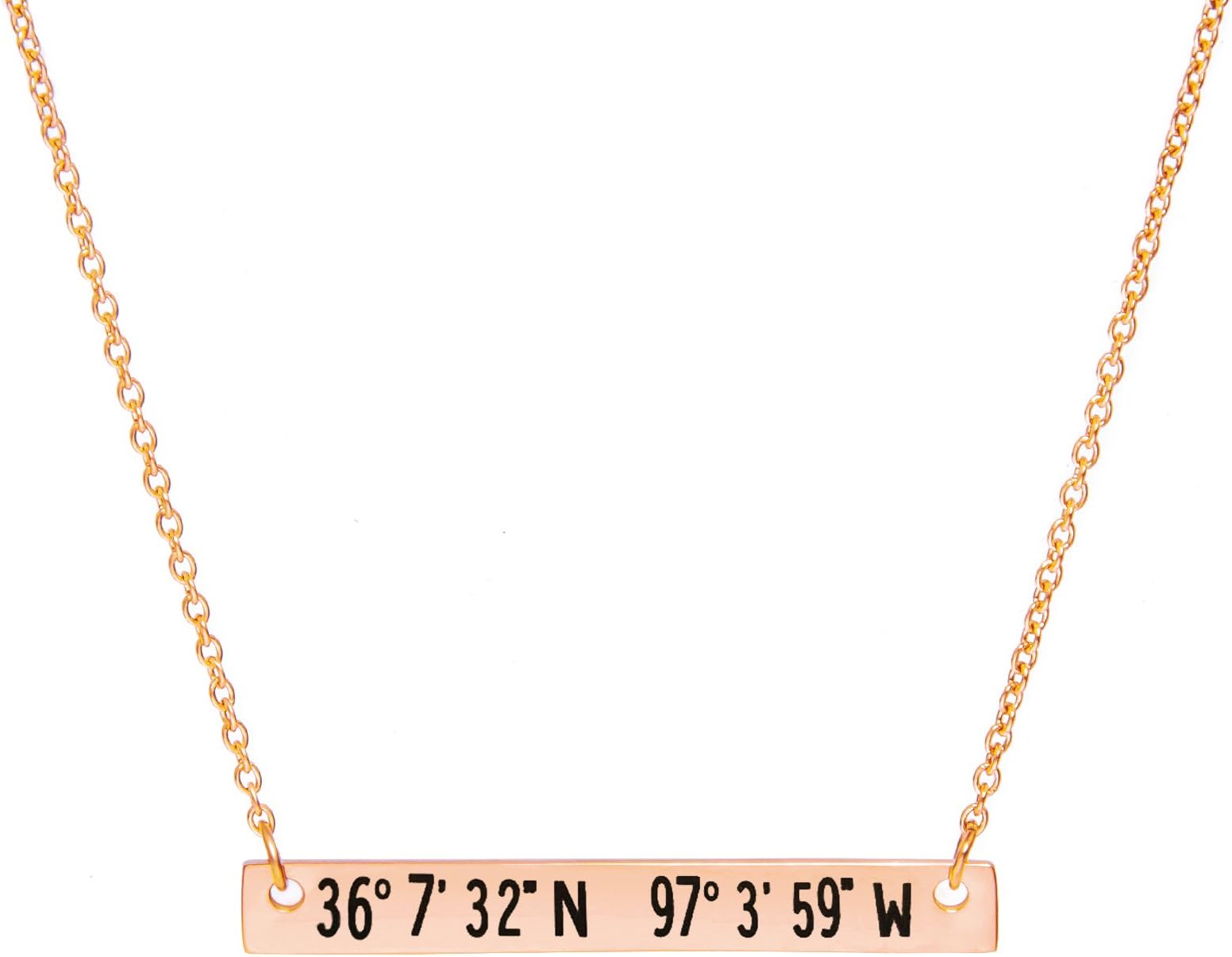 CheKu States Coordinates Bar Necklace 16"x1.6" in Rose Gold Personalized Birthday Gift for Girlfriend (Engraving)