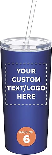 DISCOUNT PROMOS 6 Mira - Juego de vasos de acero inoxidable con pajilla, 16 onzas, texto personalizable, logotipo, doble pared, tapa de Tritan - Azul