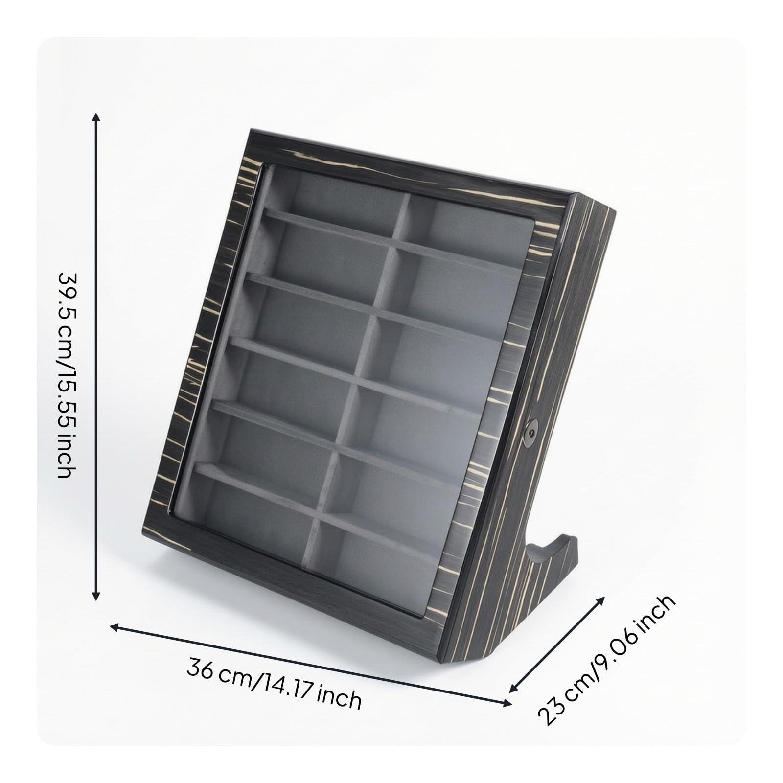 Brillendisplay aus 12 Fächer Brillenaufbewahrungsbox abschließbar Brillen-Organizer für Brillenträger, Sammler, Kommode, Array, Schwarz-Weiß Wurzelmaserung, Grauer Samt, Klappdeckel