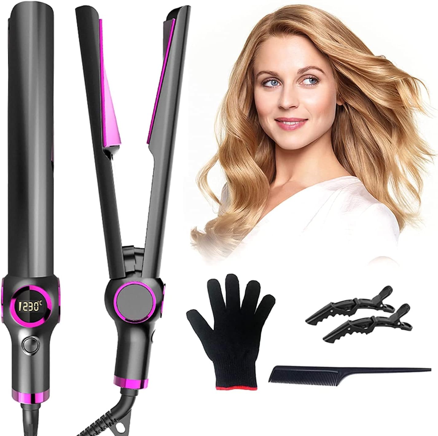 HICITI Hair Straightener and Curler 2 in 1,Flat Iron for Hair Styling,Adjustable Temperature LCD Digital Display Convenient Rotating Design