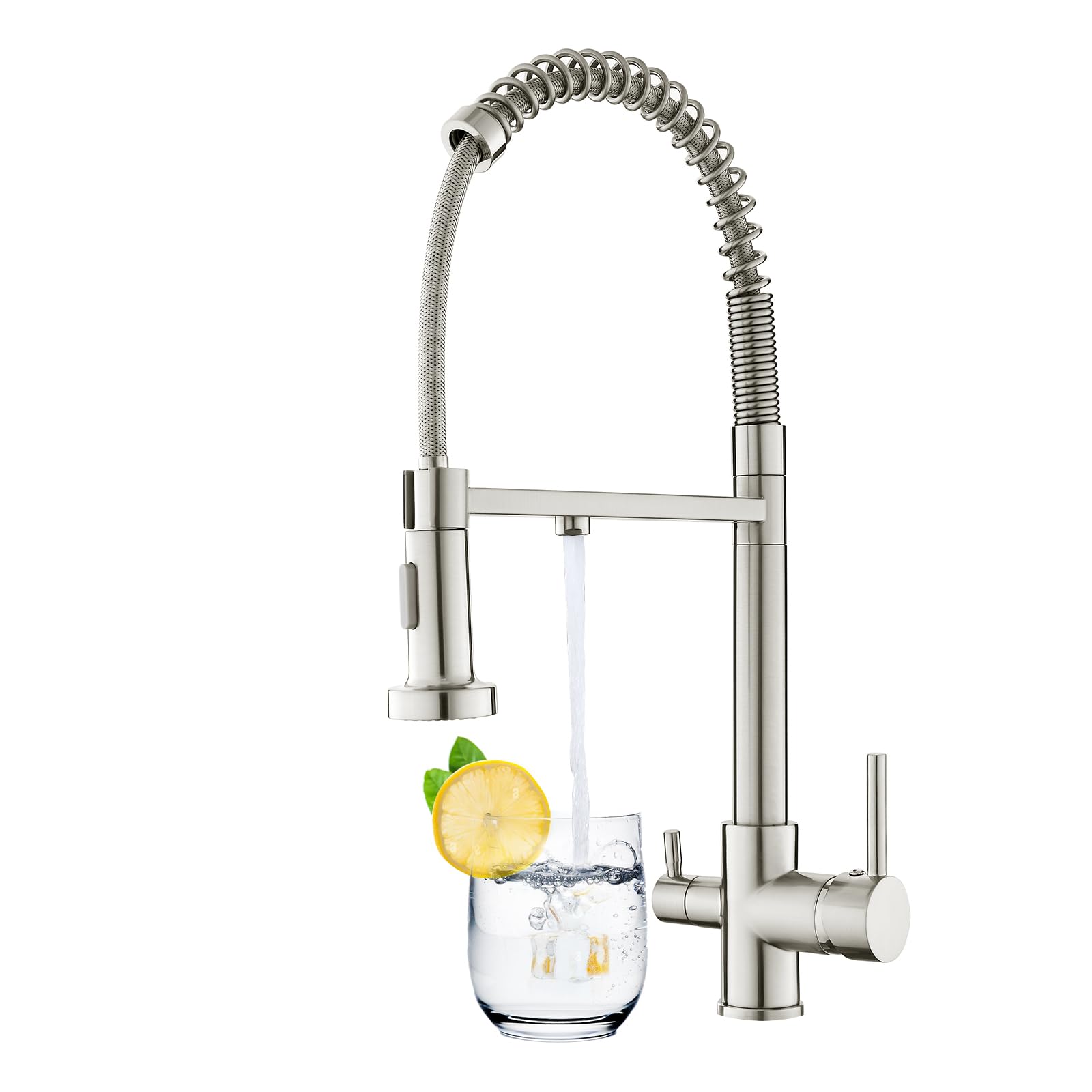 KEOKBON 3 Way Tap with Pull Out Spout(2 Mode) for Kitchen Sink, 3 in 1 Drinking Water Tap, 360° Swivel, Spring Triflow Water Mixer with Water Filter Dual Handle, Nickel Brushed