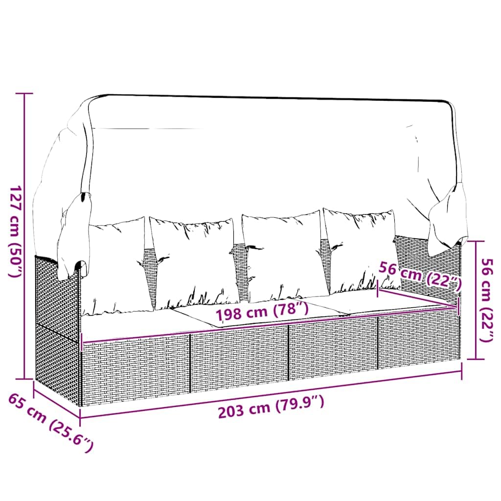 Lettino da esterno in polyrattan marrone con tettuccio parasole pieghevole, seduta e schienale imbottiti, regolabile, ergonomico, per giardino, terrazza, balcone, resistente alle intemperie