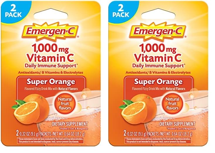 Emergen-C1000mg Vitamin C Powder for Daily Immune Support Caffeine Free Vitamin C Supplements with Zinc and Manganese, B Vitamins and Electrolytes, Super Orange Flavor - 2 Count (Pack of 2)