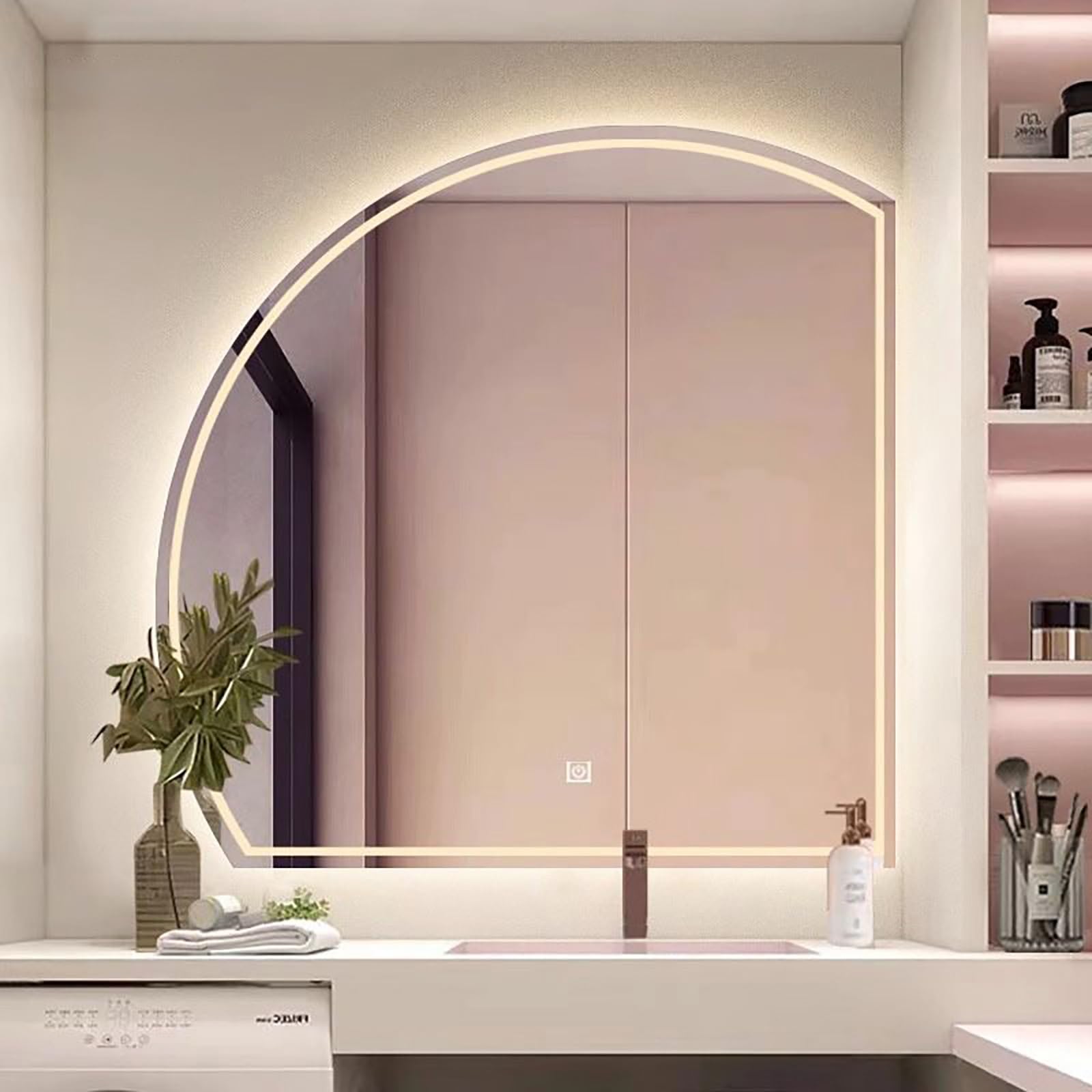 FGXHHS Semi-Circular LED Frameless Illuminated Vanity Mirror with Touch Control, 3 Color Dimmable Lights, HD Glass, Front Lit, Wall Mounted for Makeup and Shaving, 70cm/27.6in