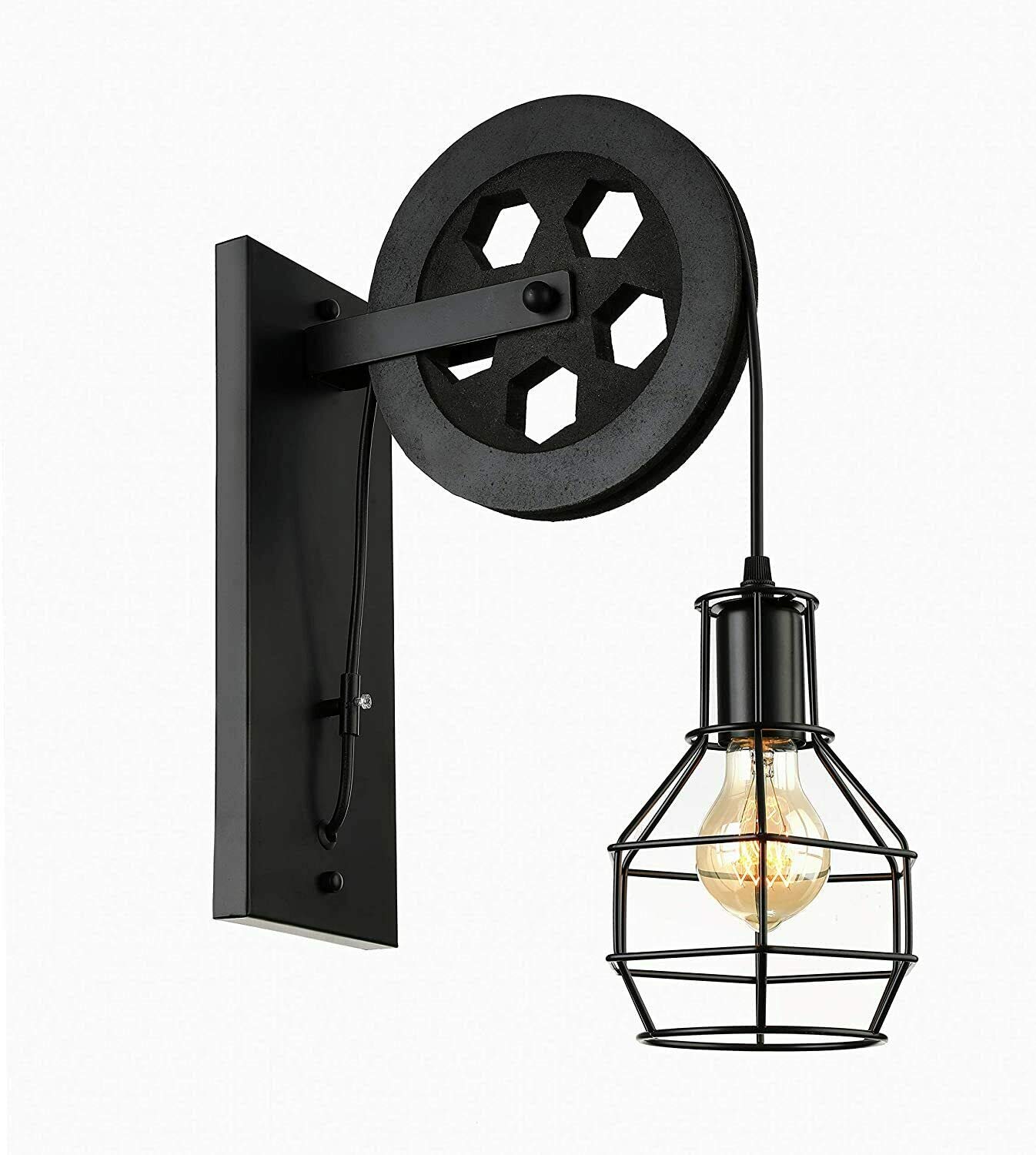 LEDSone Industrial Pulley Wheel Wall Light Retro Loft Wall Sconce with Wire Cage E27 Lamp for Home, CafΓ©, Hallway, Restaurant DΓ©cor