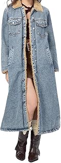 Women's Winter Sherpa Lined Midi Long Denim Jacket Casual Distressed But...