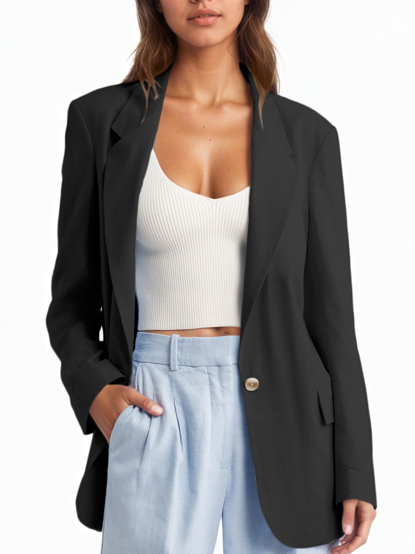 Mina Self 2025 Womens Summer Linen Blazer Jacket Lightweight One Button Trendy Casual Work Office Suit Jackets with