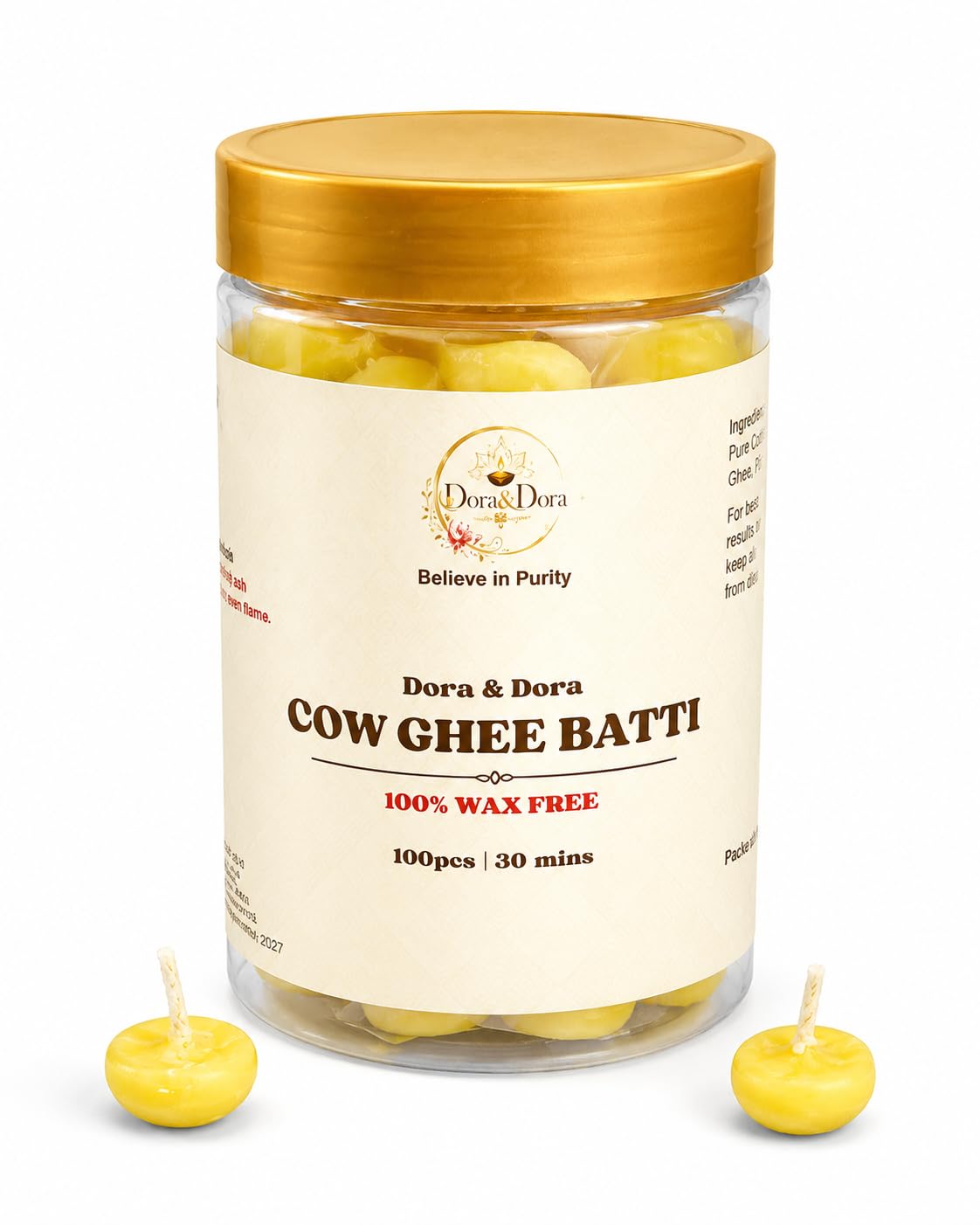 Dora&Dora Cow Ghee Batti | 100 Ready-to-Use Cotton Wicks Made with Pure Cow Ghee | 100% Wax Free | Long Burning Up to 20-30 Minutes | Ideal for Daily Puja, Aarti & Festivals 250 g-image-25