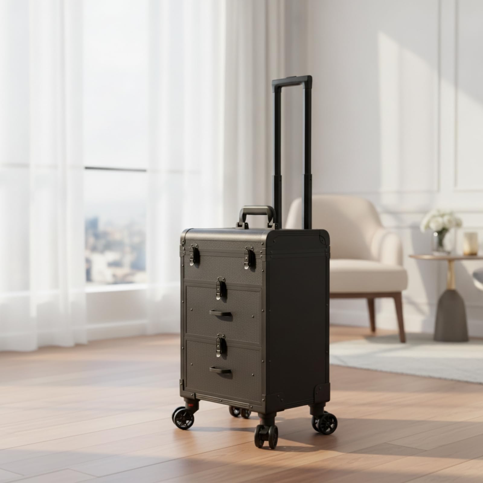 harayaa Maquilleur Étui Valise Trolley Coffret Mallette avec Coque de et Métal Poignée Télescopique et roulettes Douces Rangements Compartimentés et, Rose, Rose