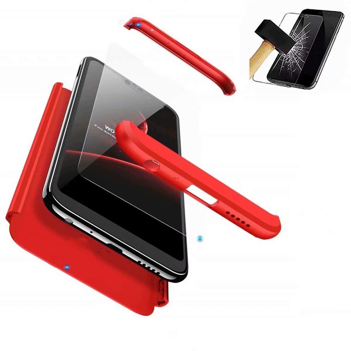 TXLING Case for Xiaomi Redmi Note 7 360 Degree PC Hard Shell Anti-Shock Full Body Full Cover Protective Headset Matte 3 in 1 (Red) + 1 Piece Tempered Glass