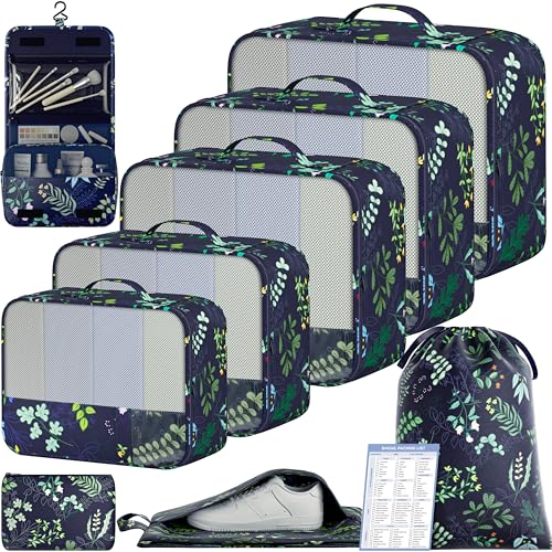 Image of BAGAIL 9 Set Packing Cubes with Packing List Luggage Packing Organizers for Travel Accessories (Navy leaf)
