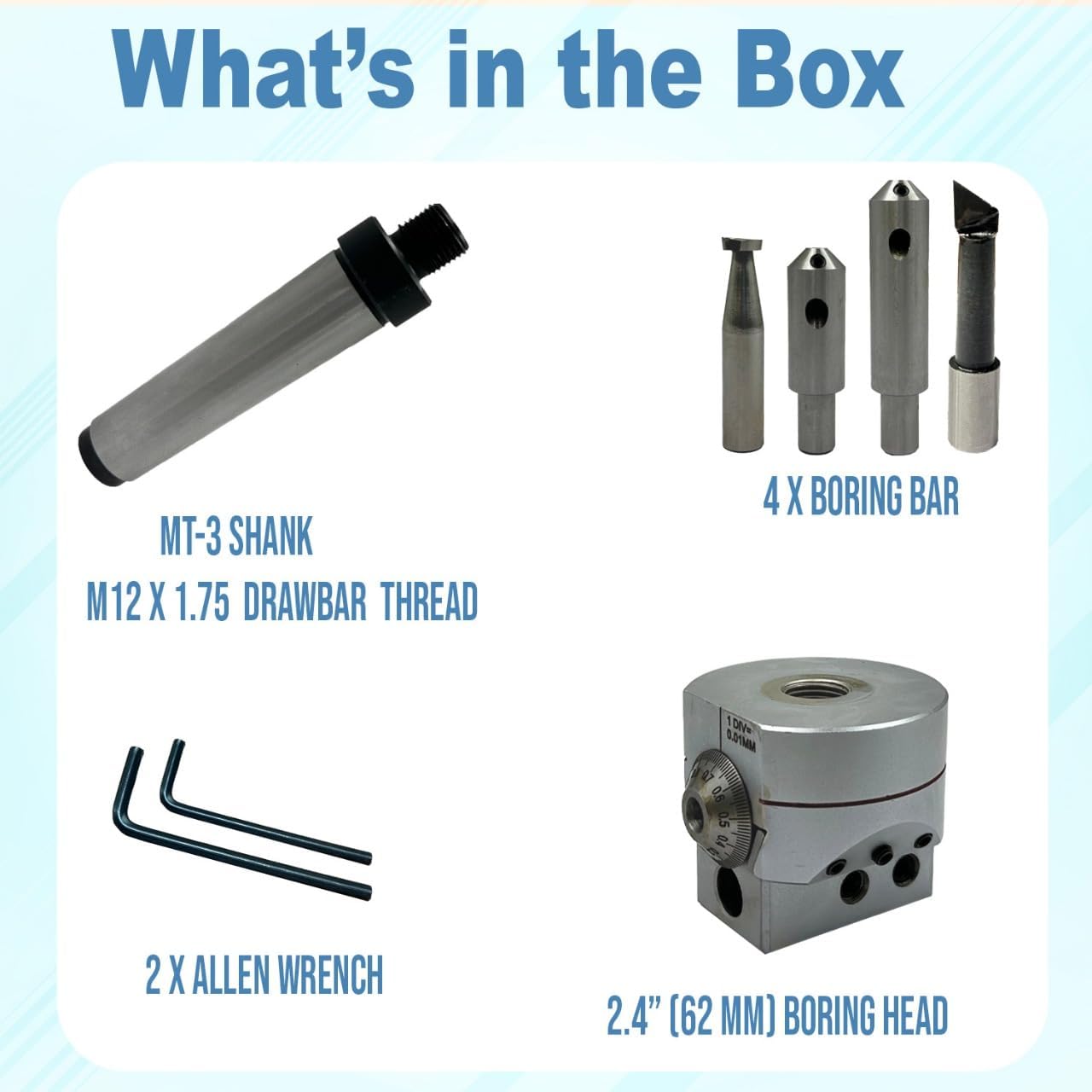 Boring Head 62 mm Diameter for Lathe, milling Machine Tools Accessories with Fly Cutters, Carbide brazed Tool Sets // 1 div=0.01 mm (Morse Taper mt3 (m12 x 1.75 Drawbar))