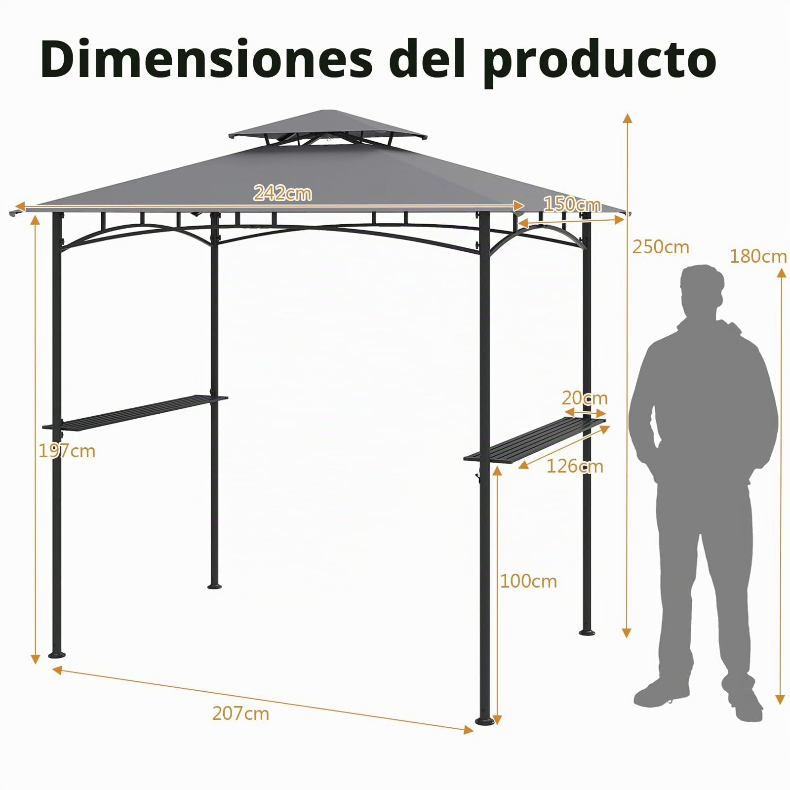 HOMASIS Cenador para Barbacoa con Techo Lateral, Pérgola de Jardín con Doble Techo, 2 Mesas y Ganchos, Carpa Cargada Exterior, Toldo Pergola para Parrilla (Gris + Negro, 242x150x250cm)