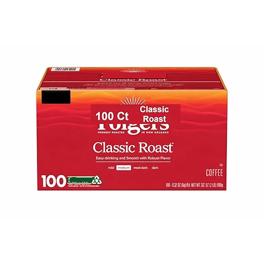 Folger' Classic Roast Medium Roast Coffee, K' Cup Pods, 100 Count, Pack of 1.