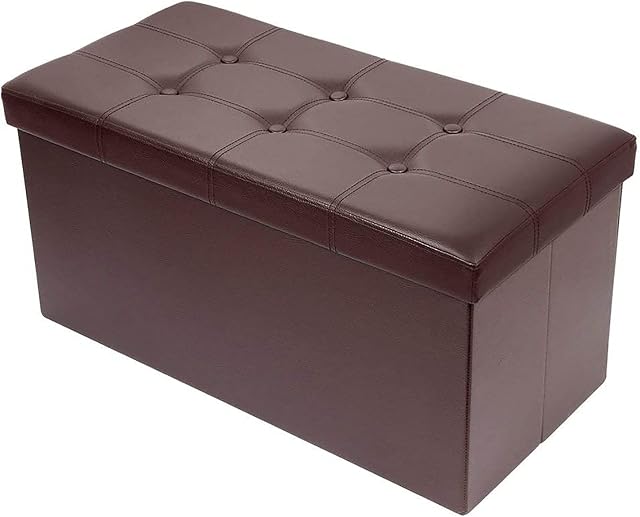 BRIAN & DANY Folding Ottoman Bench Storage Box with Lid, Large Storage Seat Faux Leather Footstool Toy Storage Box, Brown, 76 x 38 x 38 cm